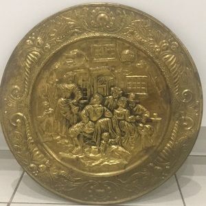 Antique English Brass Hammered Embossed Wall Decorative Plate Victorian BarScene